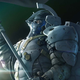 A strange astronaut stands in space holding a large white pole and flag.